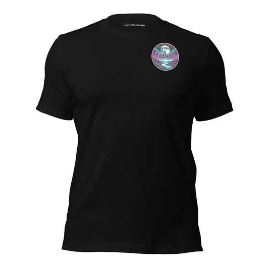 City skyline dissolving into stars and moonlight, celestial cityscape graphic tee by Understated